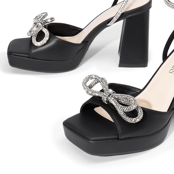  Double Bowknots Rhinestone Chunky Sandals - BLACK-PU - 7