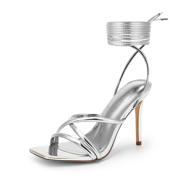 Lace Up Strappy Stilleto Sandals - SILVER-PU -  0