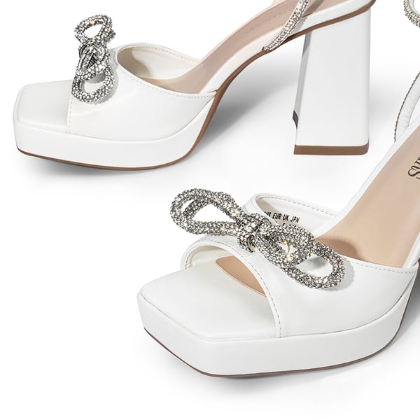  Double Bowknots Rhinestone Chunky Sandals - WHITE-PU - 5