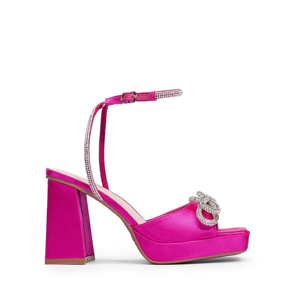  Double Bowknots Rhinestone Chunky Sandals - HOT PINK-SATIN - 3