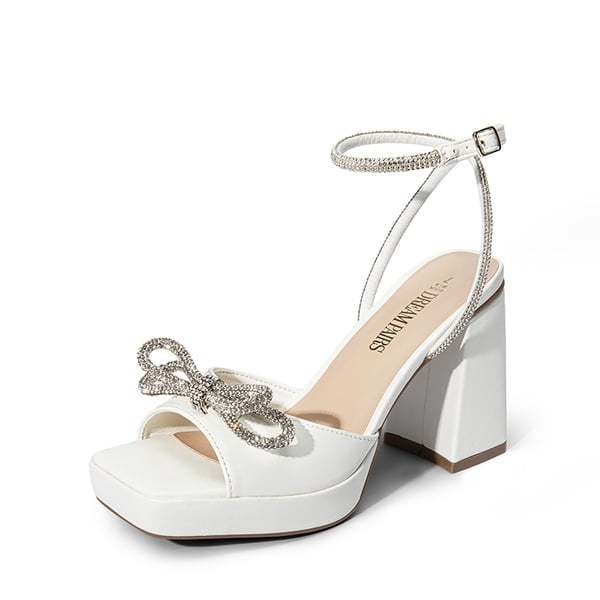  Double Bowknots Rhinestone Chunky Sandals - WHITE-PU -  0