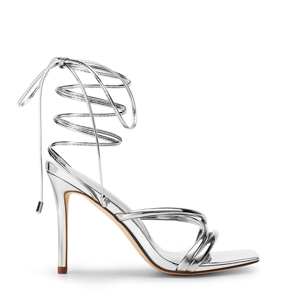 Lace Up Strappy Stilleto Sandals - SILVER-PU - 3