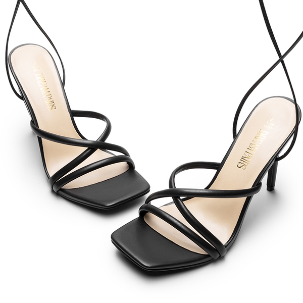 Lace Up Strappy Stilleto Sandals - BLACK-PU - 5