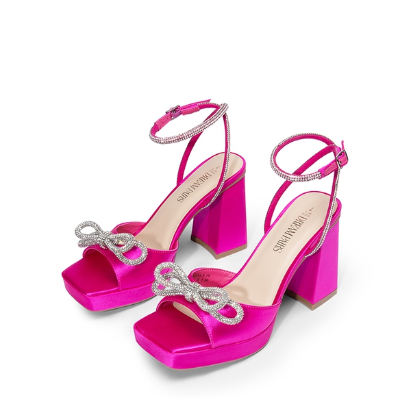  Double Bowknots Rhinestone Chunky Sandals - HOT PINK-SATIN - 7