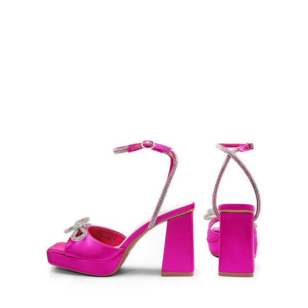  Double Bowknots Rhinestone Chunky Sandals - HOT PINK-SATIN - 4