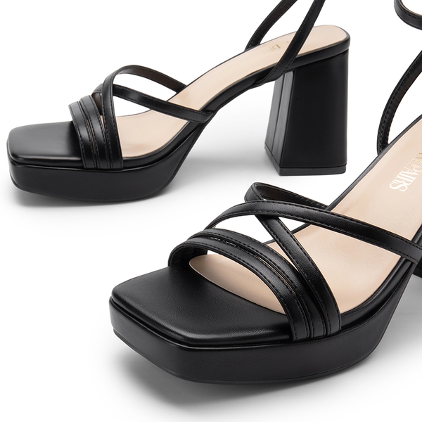 Multiple-strap Platform Heeled Sandals - BLACK-PU - 5