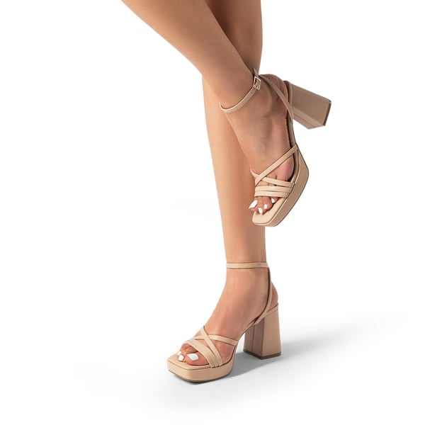 Multiple-strap Platform Heeled Sandals - NUDE-PU - 2