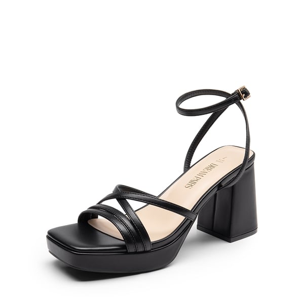 Multiple-strap Platform Heeled Sandals - BLACK-PU -  0