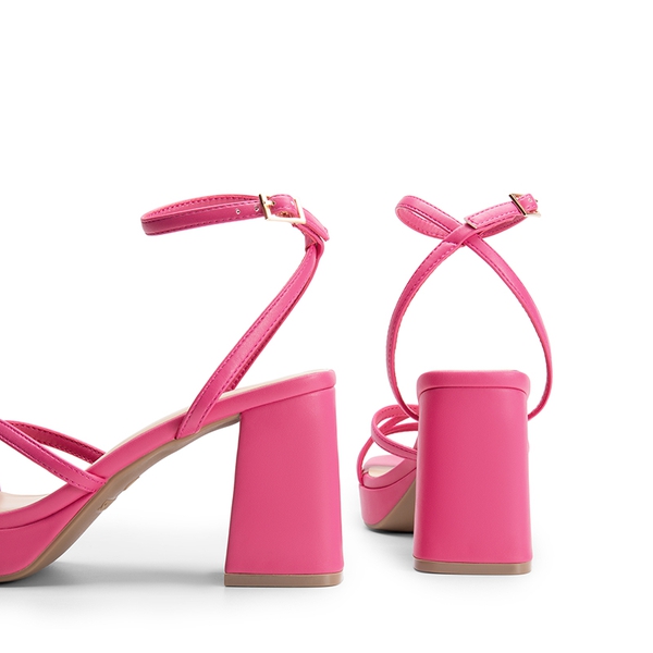 Multiple-strap Platform Heeled Sandals - HOT PINK-PU - 4