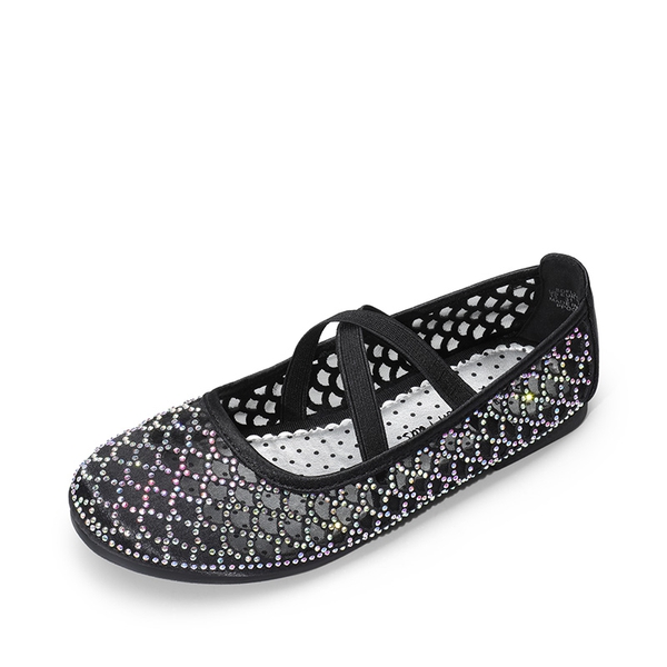 Girls Mesh Rhinestone Ballet Flats - BLACK -  0