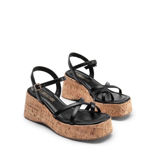Platform Cork Wedge Sandals - BLACK - 5