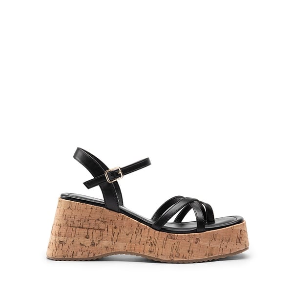 Platform Cork Wedge Sandals - BLACK - 3