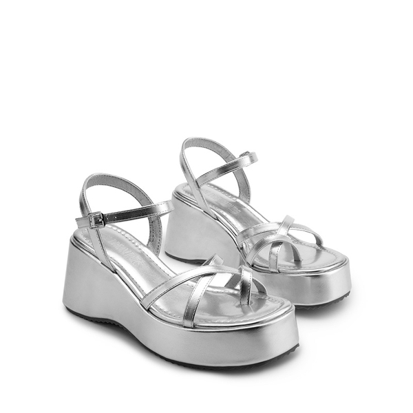 Platform Cork Wedge Sandals - SILVER - 5