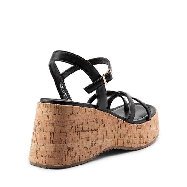 Platform Cork Wedge Sandals - BLACK - 4