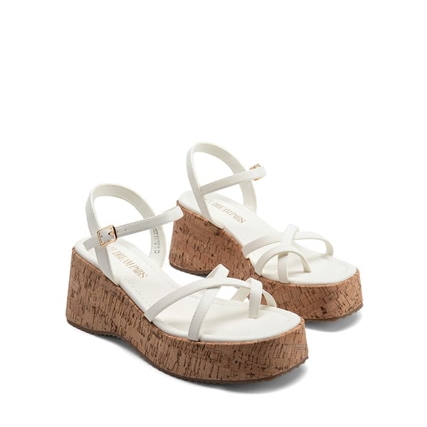 Platform Cork Wedge Sandals - WHITE - 5