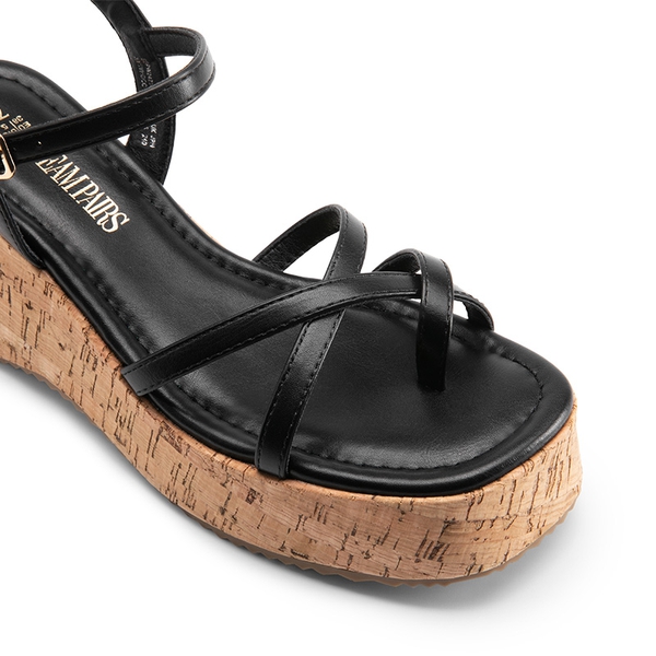 Platform Cork Wedge Sandals - BLACK - 6