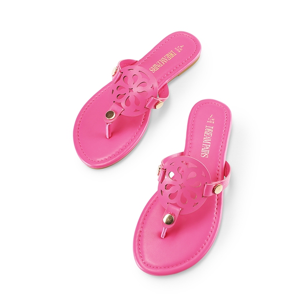 Hollow Cut-Out Thong Flat Sandals - HOT PINK - 7