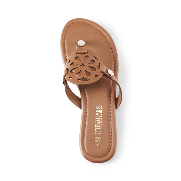 Hollow Cut-Out Thong Flat Sandals - BROWN - 5