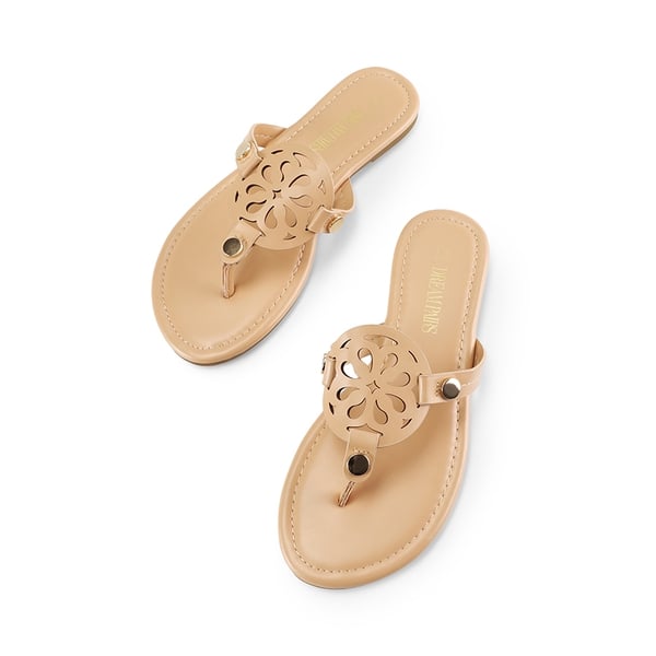 Hollow Cut-Out Thong Flat Sandals - NUDE - 7