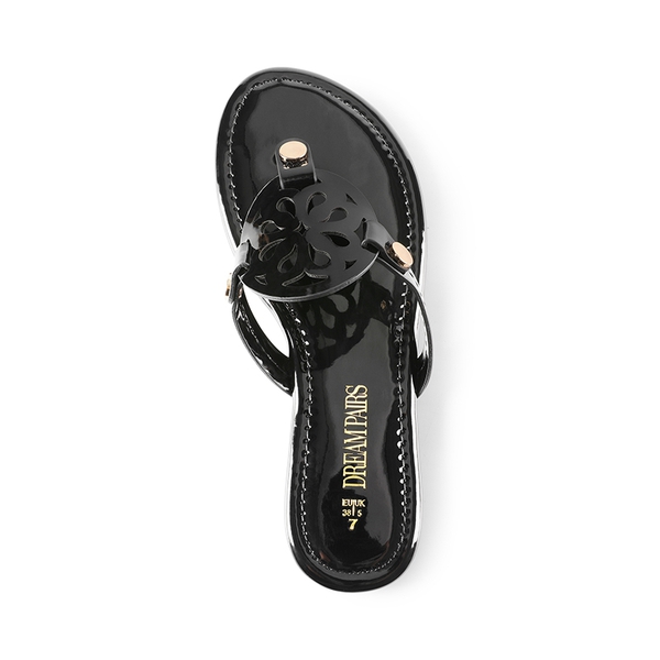 Hollow Cut-Out Thong Flat Sandals - BLACK-PAT - 5