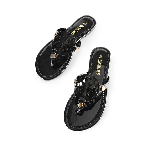 Hollow Cut-Out Thong Flat Sandals - BLACK-PAT - 7