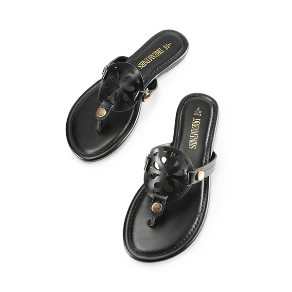 Hollow Cut-Out Thong Flat Sandals - BLACK - 7