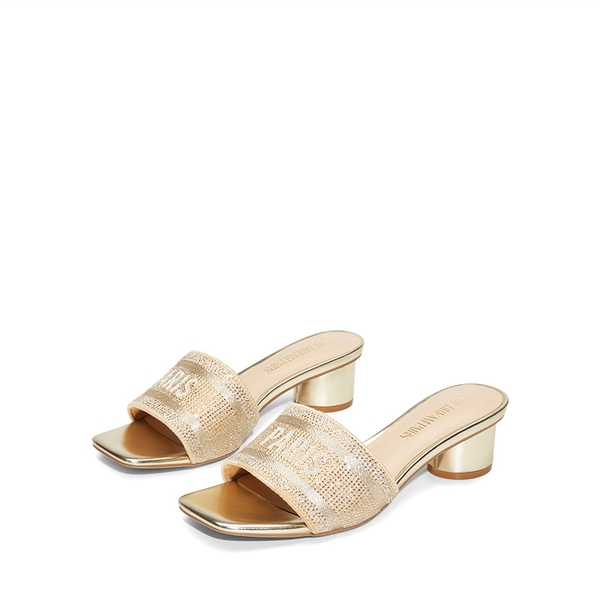 Jacquard Cylindrical Heel Slide Sandals - GOLD-RHINESTONE - 5