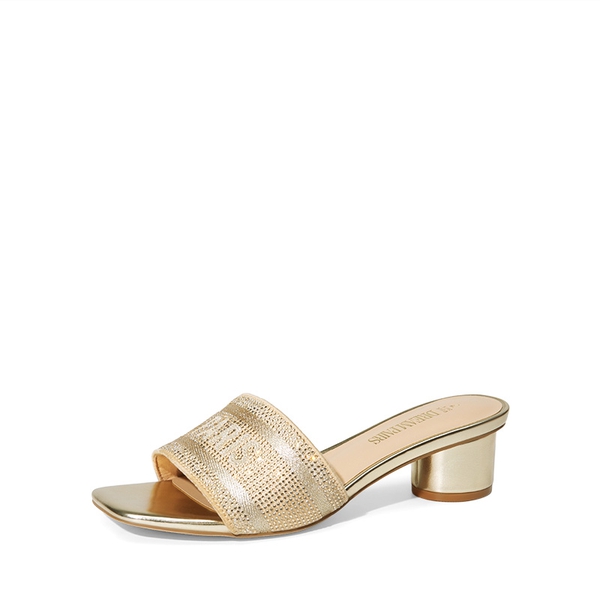 Jacquard Cylindrical Heel Slide Sandals - GOLD-RHINESTONE -  0