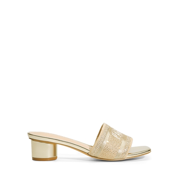 Jacquard Cylindrical Heel Slide Sandals - GOLD-RHINESTONE - 3