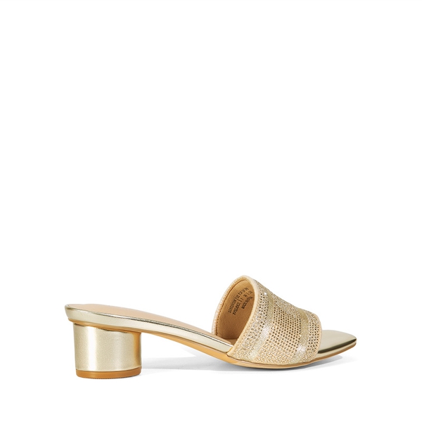 Jacquard Cylindrical Heel Slide Sandals - GOLD-RHINESTONE - 4