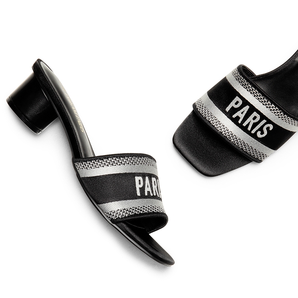 Jacquard Cylindrical Heel Slide Sandals - BLACK - 4