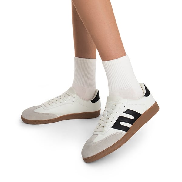 [Nia] Retro Faux Suede Toe Fashion Sneakers - WHITE BLACK - 1