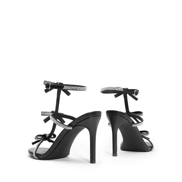 Rhinestone Bow Stiletto Sandals - BLACK - 2
