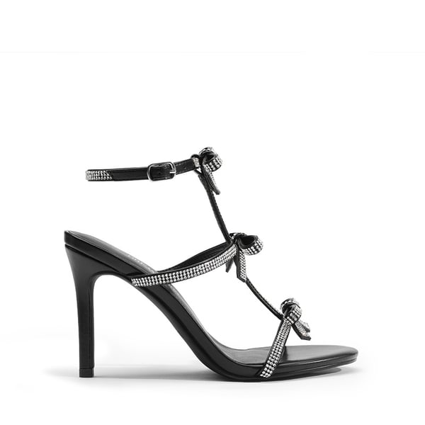 Rhinestone Bow Stiletto Sandals - BLACK - 1