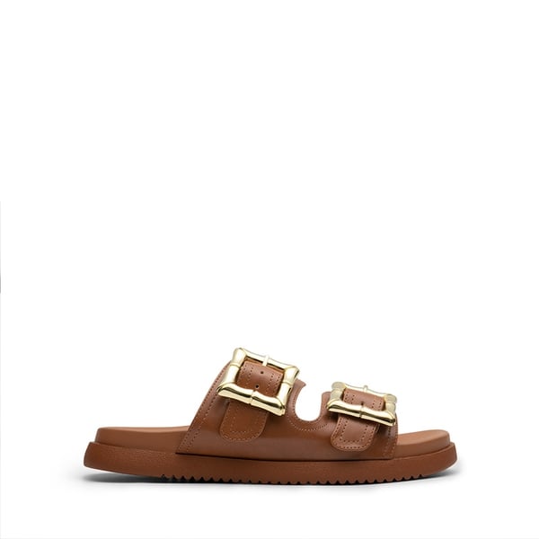 Arch Support Buckle Slide Sandals - COGNAC - 3
