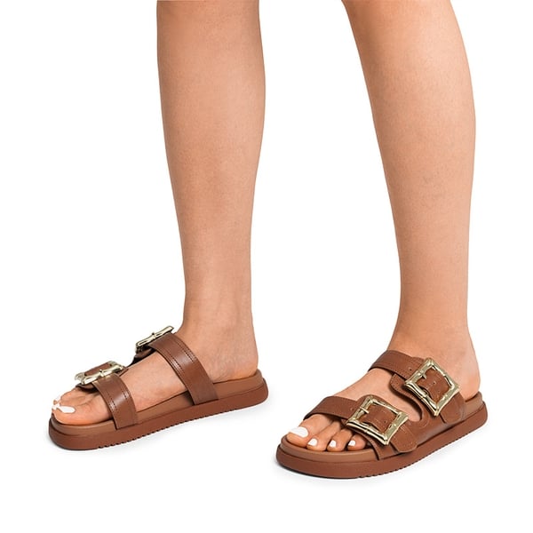 Arch Support Buckle Slide Sandals - COGNAC - 1