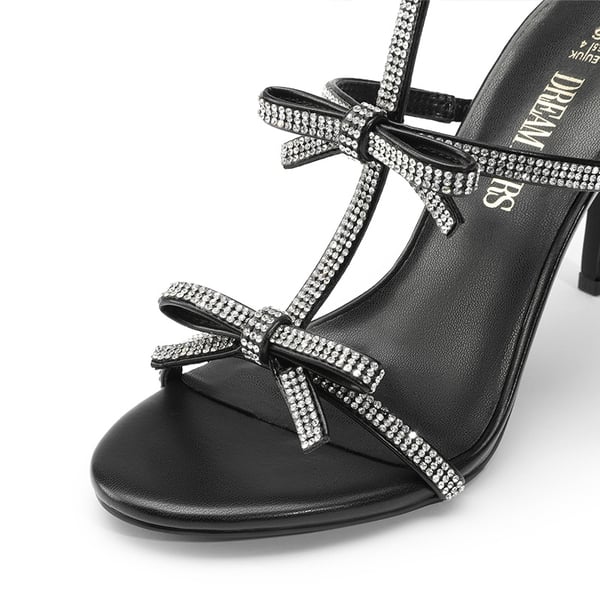 Rhinestone Bow Stiletto Sandals - BLACK - 4