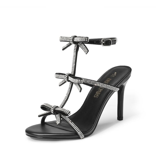 Rhinestone Bow Stiletto Sandals - BLACK -  0