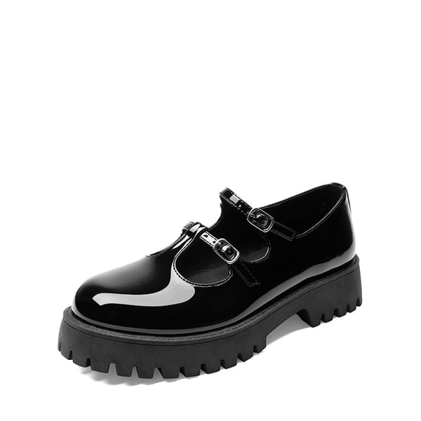 Double-strap Mary Jane Chunky Pumps - BLACK-PAT -  0
