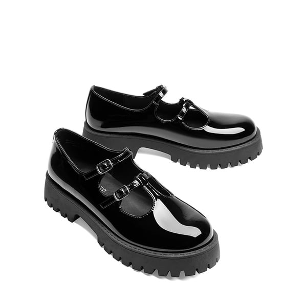 Double-strap Mary Jane Chunky Pumps - BLACK-PAT - 4