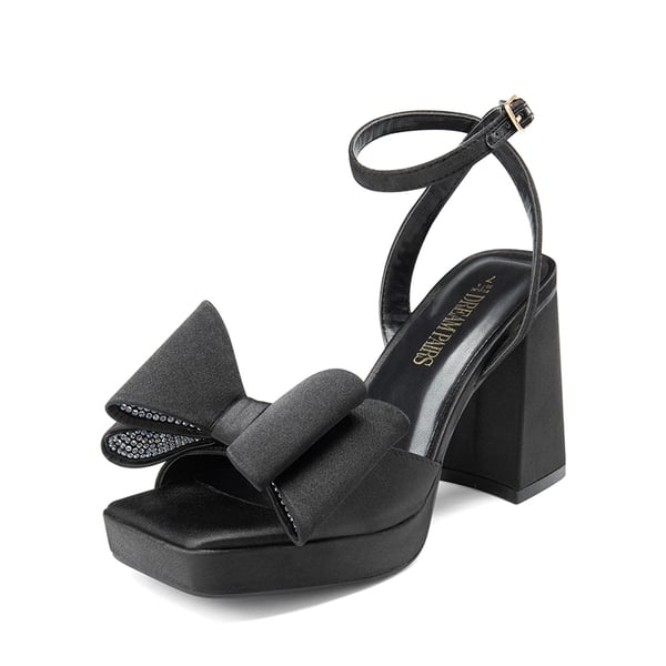 Bow Platform Chunky Sandals - BLACK-SATIN -  0
