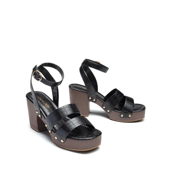 Platform Wood Grain Pattern Heel Sandals - BLACK-STONE - 5