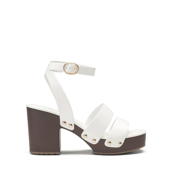 Platform Wood Grain Pattern Heel Sandals - WHITE-PU - 3