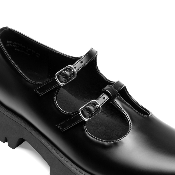 Double-strap Mary Jane Chunky Pumps - BLACK-PU - 5