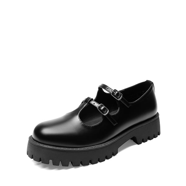 Double-strap Mary Jane Chunky Pumps - BLACK-PU -  0