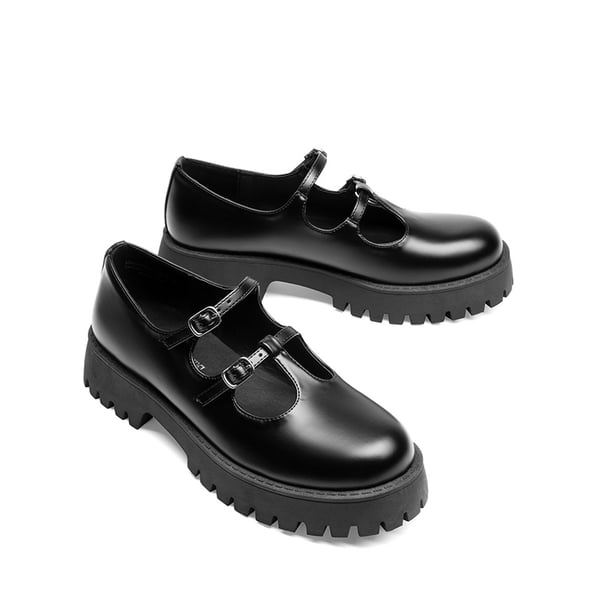 Double-strap Mary Jane Chunky Pumps - BLACK-PU - 4