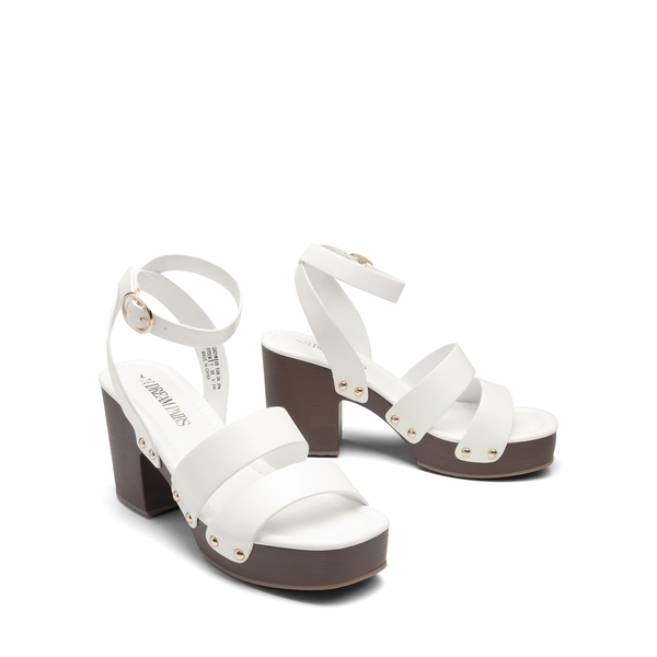 Platform Wood Grain Pattern Heel Sandals - WHITE-PU - 5