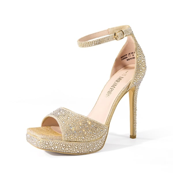 Peep Toe Stiletto Heel Sandals - GOLD-RHINESTONE -  0