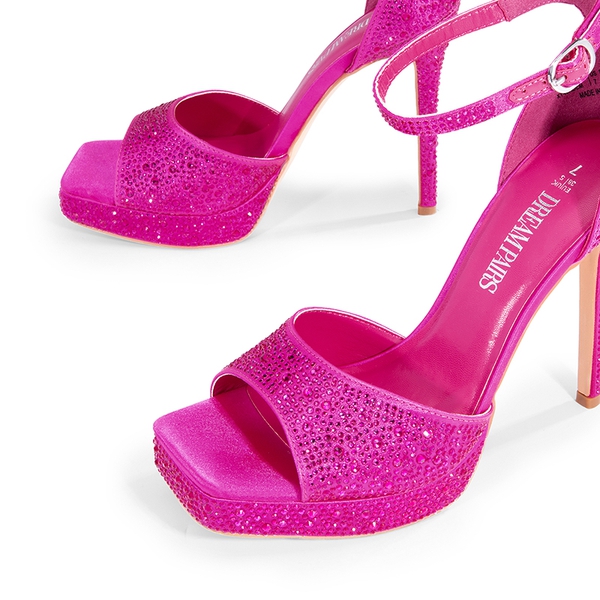 Peep Toe Stiletto Heel Sandals - HOT PINK-RHINESTONE - 5
