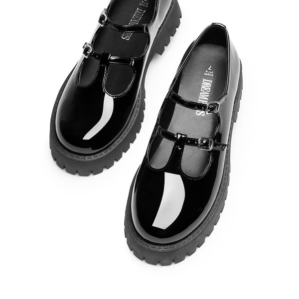 Double-strap Mary Jane Chunky Pumps - BLACK-PAT - 6